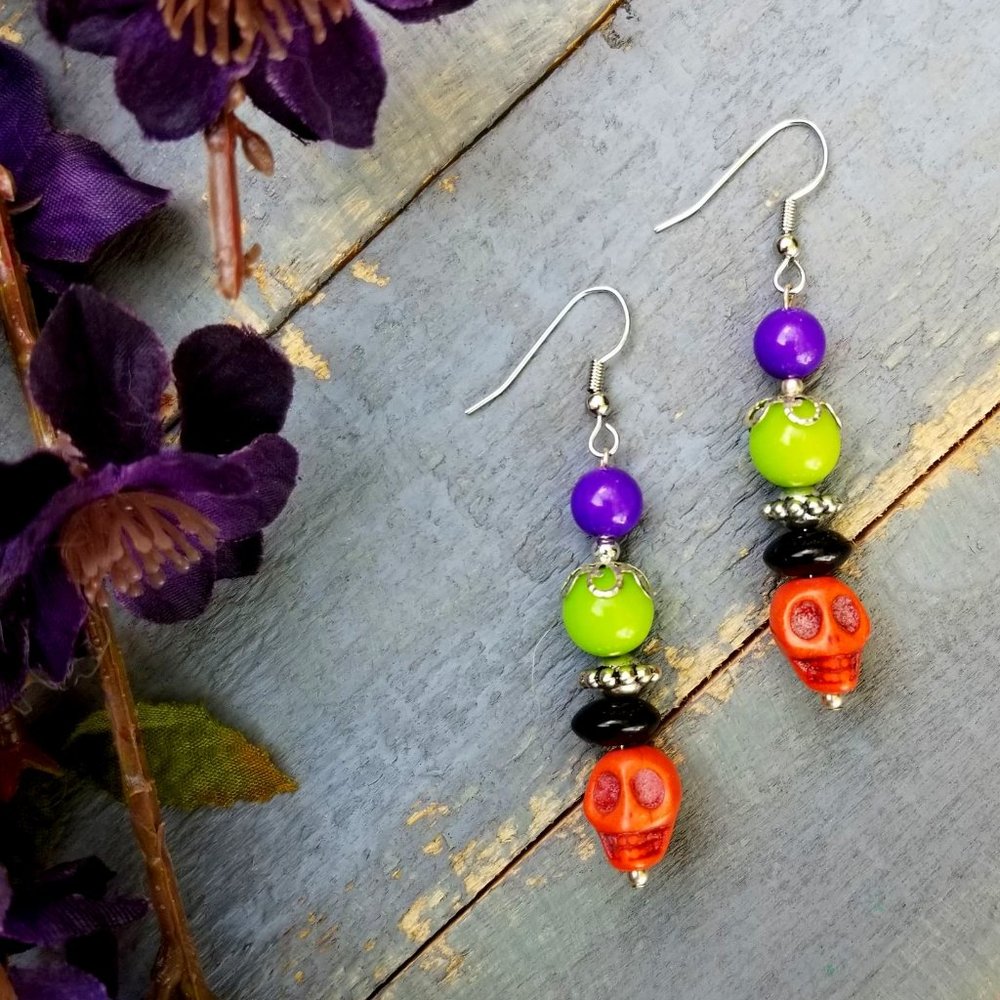 Artisan Earrings Halloween Skulls Orange Black Green Purple Silver Beaded